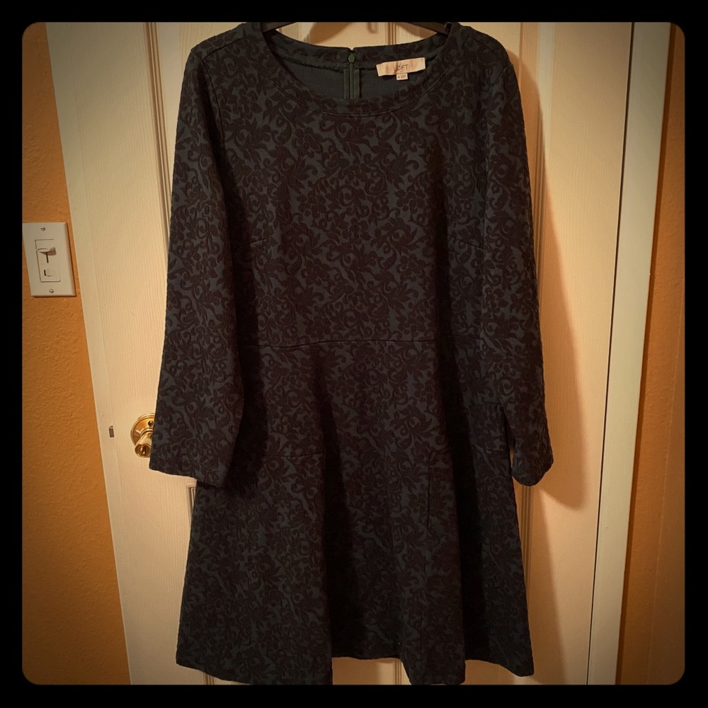LOFT Green with Black Lace Long Sleeve Dress
